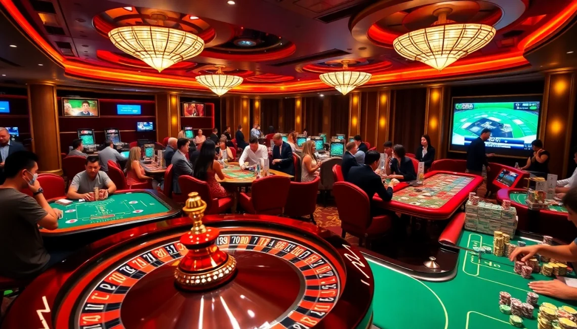 Exciting gambling scene featuring nhà cái tobet88 with players at poker and roulette tables.