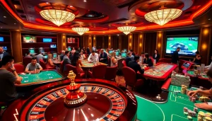 Exciting gambling scene featuring nhà cái tobet88 with players at poker and roulette tables.