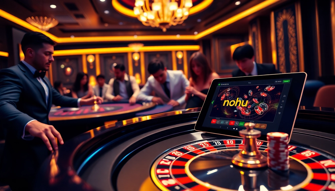 Nohu-themed casino scene showcasing roulette, poker chips, and an online gambling tablet interface.
