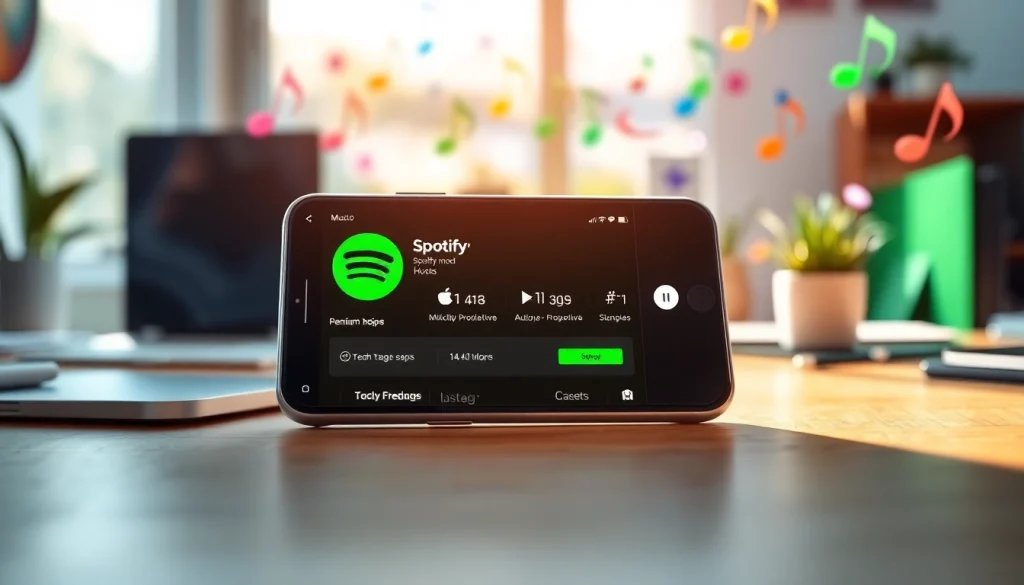 Dynamic display of a Spotify mod interface on a smartphone, showcasing vibrant music notes.