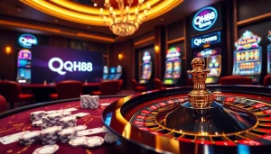 Experience thrilling gameplay at QH88 with poker chips, cards, and roulette wheels in a luxurious casino.