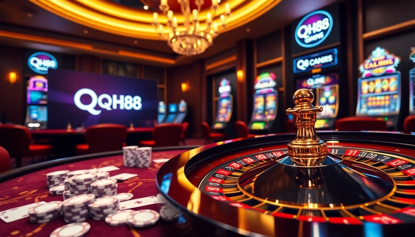 Experience thrilling gameplay at QH88 with poker chips, cards, and roulette wheels in a luxurious casino.