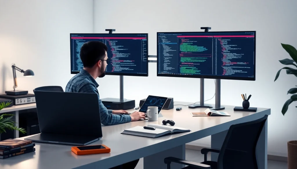 Software engineering workspace showcasing a developer coding on dual monitors with data visualizations.