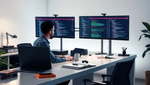 Software engineering workspace showcasing a developer coding on dual monitors with data visualizations.