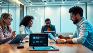 Collaborative professionals using 网易有道翻译 in a modern workspace with advanced digital devices.