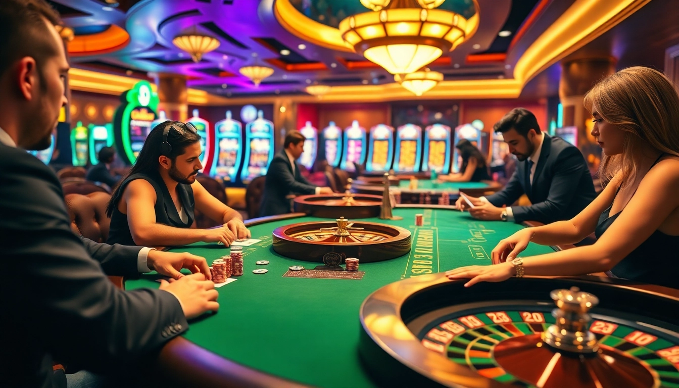 Experience the thrill of gambling with vibrant scenes from https://kjc.uk.com/ featuring poker tables and roulette wheels.