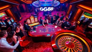 Players enjoying the GG88 gaming experience at a vibrant casino table with excitement and luxury.