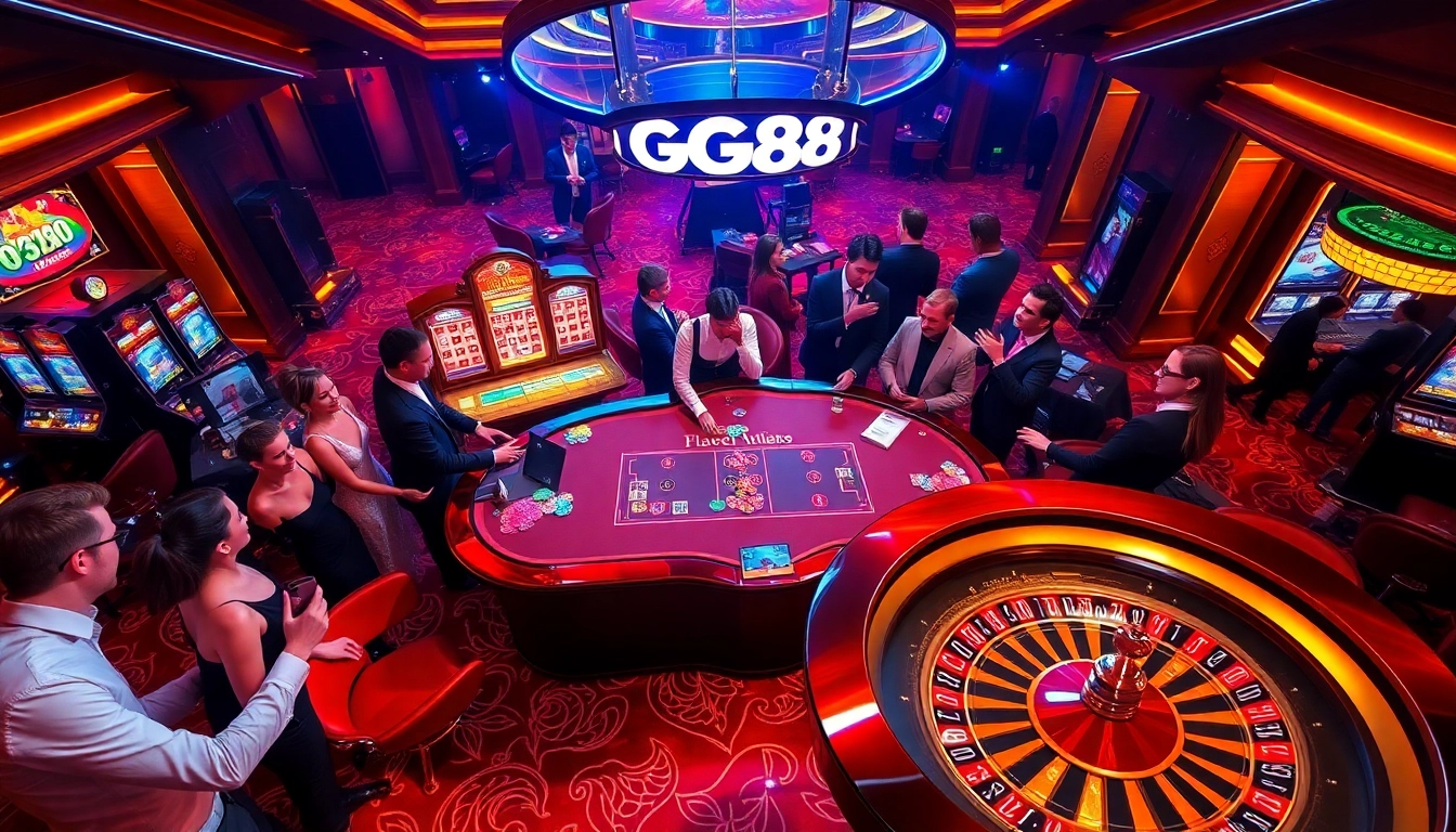 Players enjoying the GG88 gaming experience at a vibrant casino table with excitement and luxury.