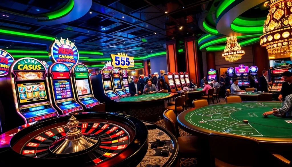 Players enjoying thrilling games at 555win casino, with vibrant slot machines and roulette.