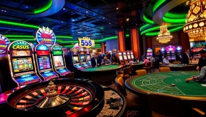 Players enjoying thrilling games at 555win casino, with vibrant slot machines and roulette.