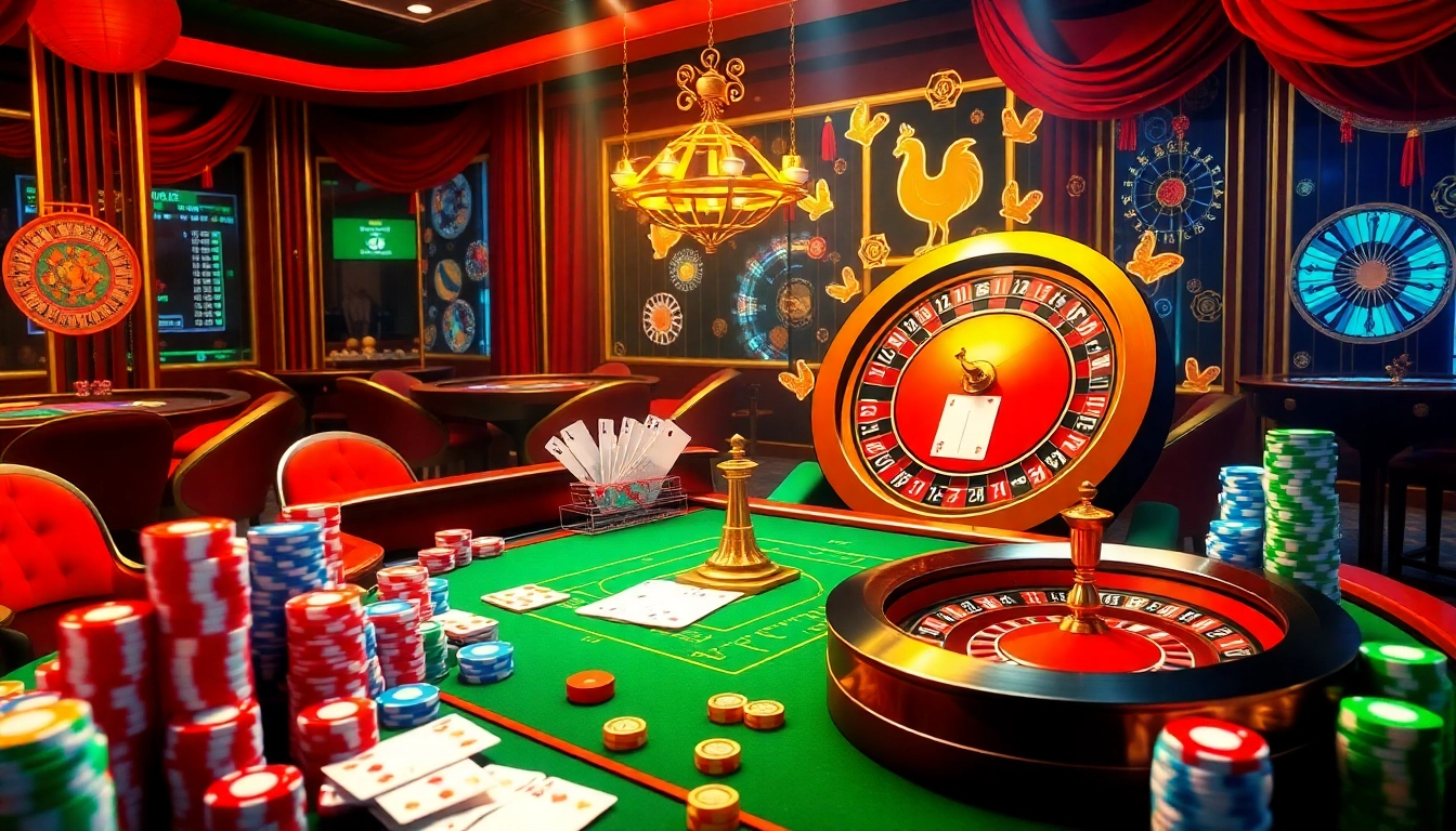 Experience the thrill of nhà cái đá gà with a vibrant casino scene showcasing high-stakes gambling excitement.