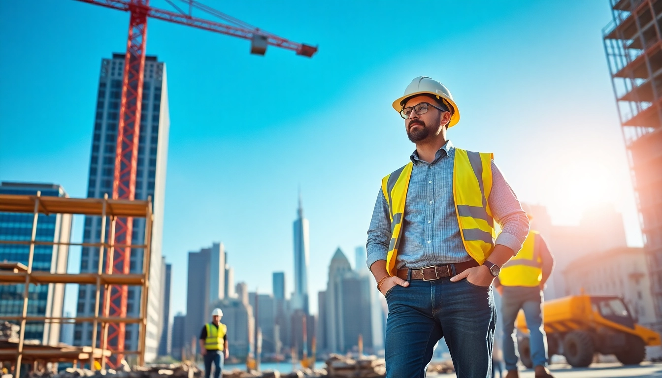 Manhattan General Contractor supervising workers amidst a bustling construction site in New York City.