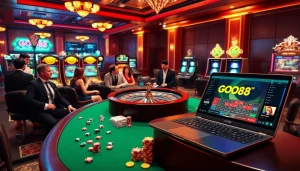 Excited gamblers at a luxurious casino embracing the thrill of GO88 games and online betting.