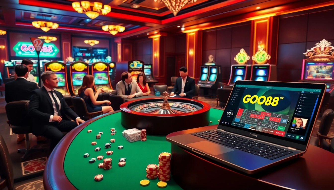 Excited gamblers at a luxurious casino embracing the thrill of GO88 games and online betting.