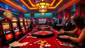 Players enjoying various games at GG88 Com casino with vibrant slot machines and roulette tables.