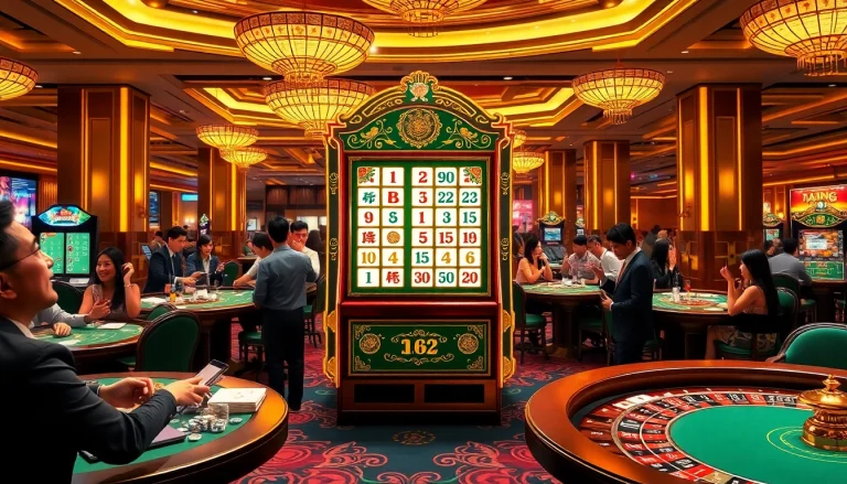 Experience the excitement of a mahjong slot demo amidst a bustling casino, filled with vibrant games and joyous players.