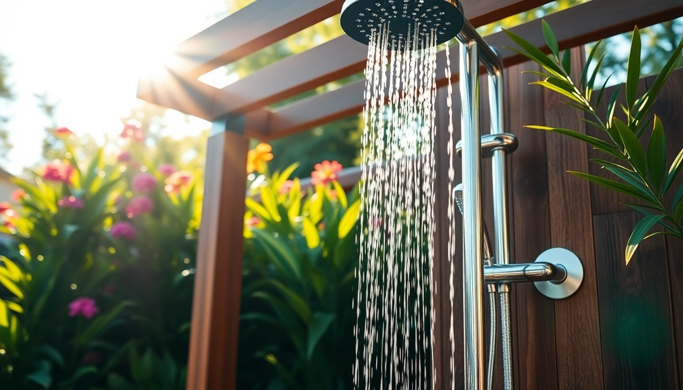 Experience a refreshing sunny shower USA with elegant outdoor design in a serene garden.