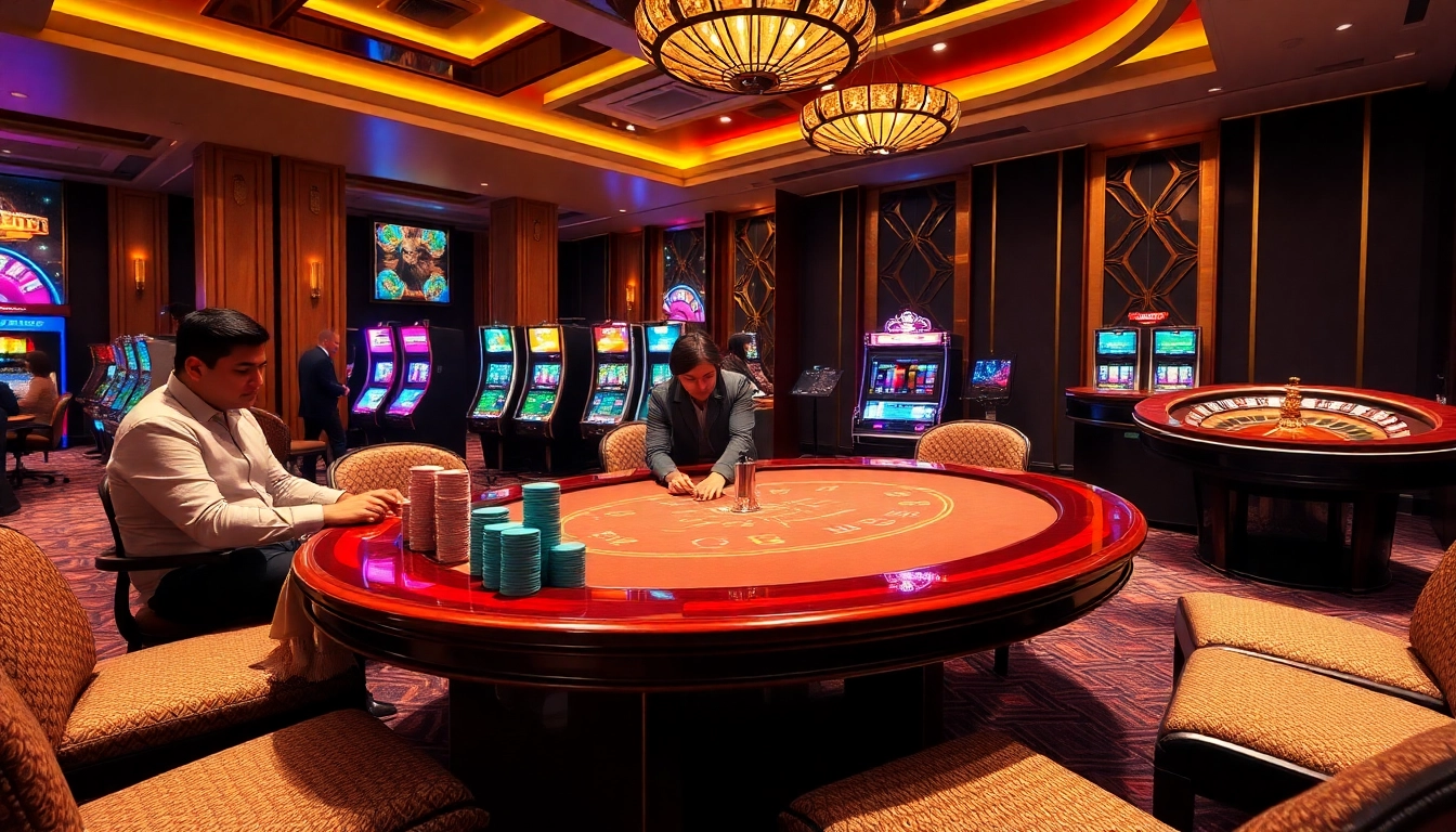 S88vip players engaging at a luxurious casino poker table amidst vibrant slot machines.