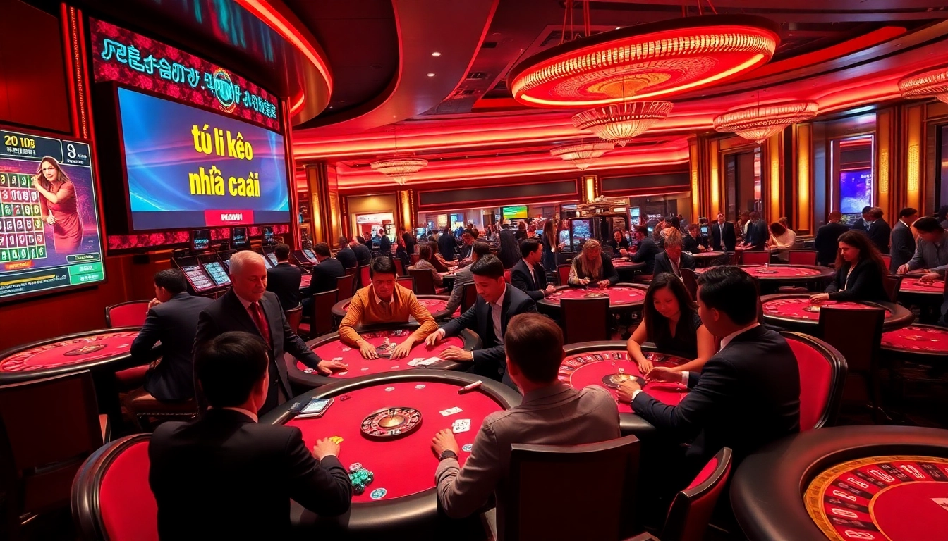 Engaging scene showcasing tỷ lệ kèo nhà cái in a luxurious casino with excited gamblers.
