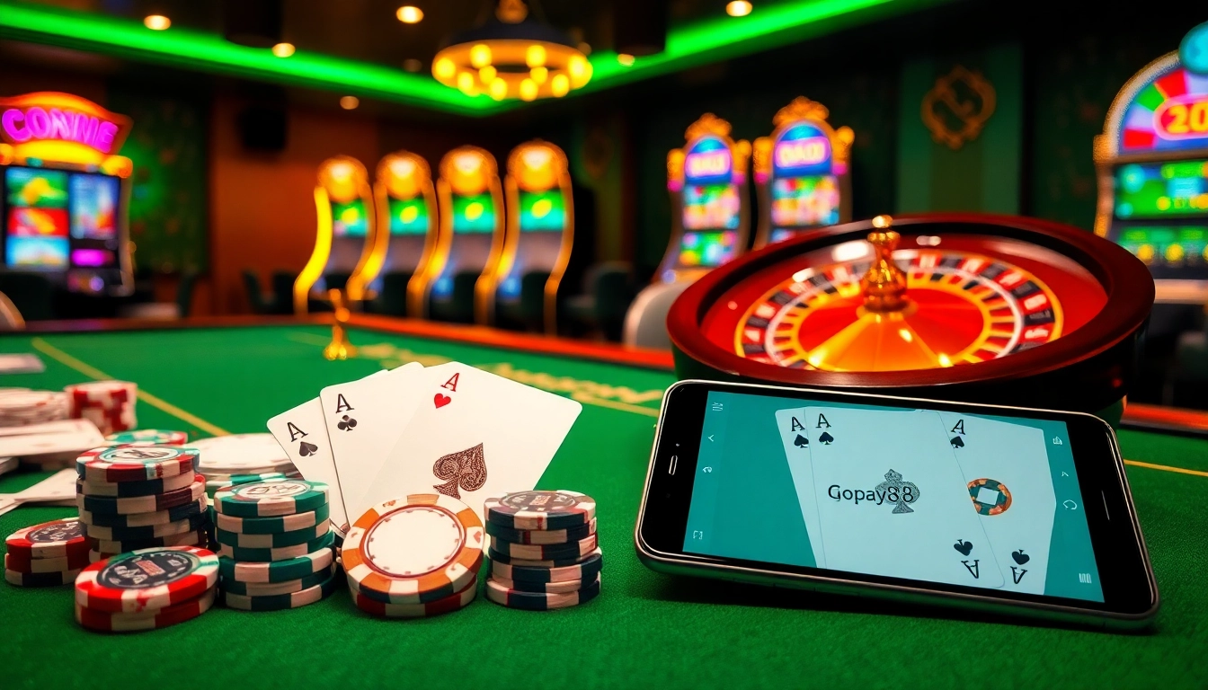 Play Gopay88 Daftar with vibrant poker chips and a shining roulette wheel in a luxurious casino setting.