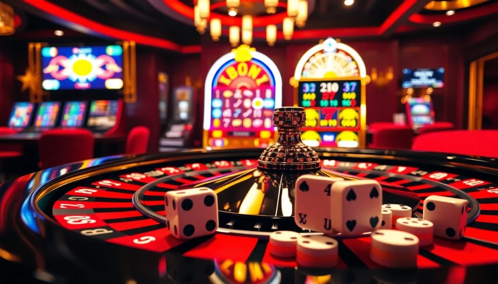 Experience thrilling action at rr88 kjc with a luxurious casino setting featuring roulette and slot machines.