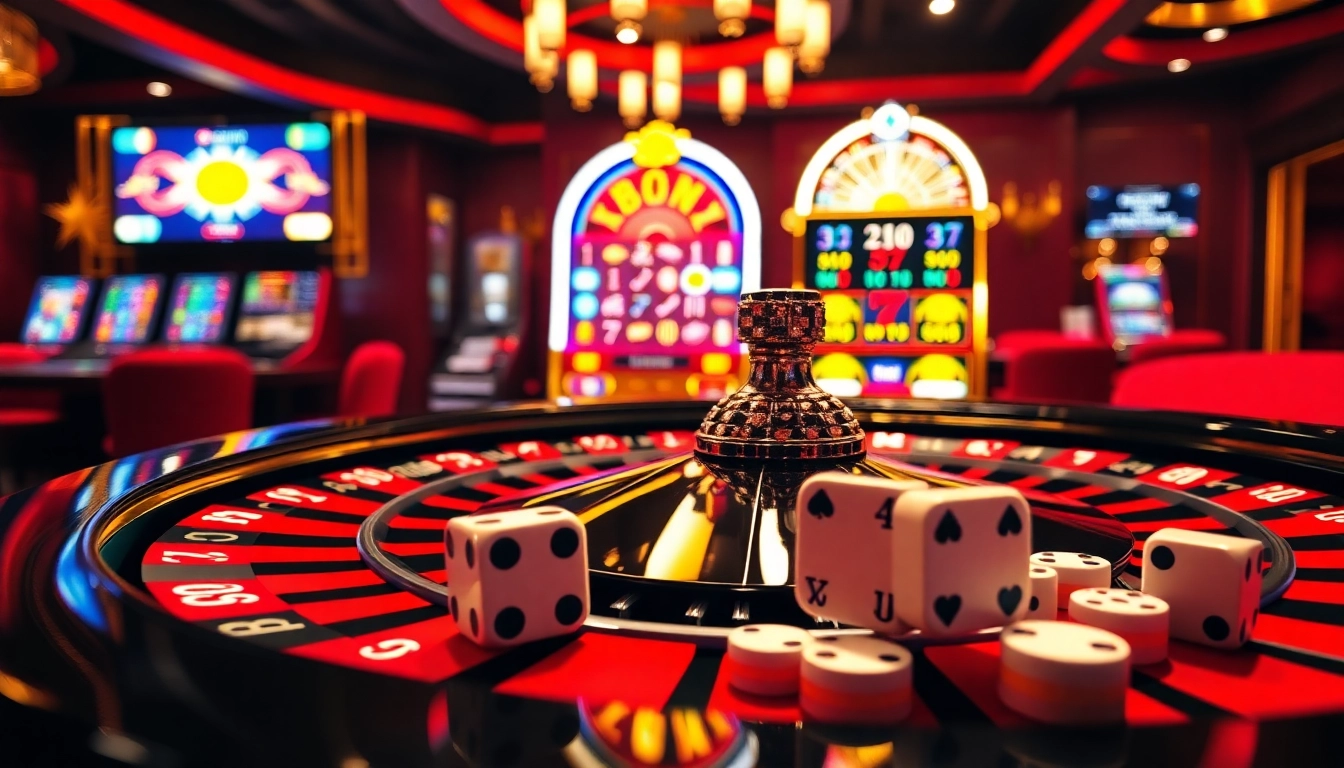 Experience thrilling action at rr88 kjc with a luxurious casino setting featuring roulette and slot machines.