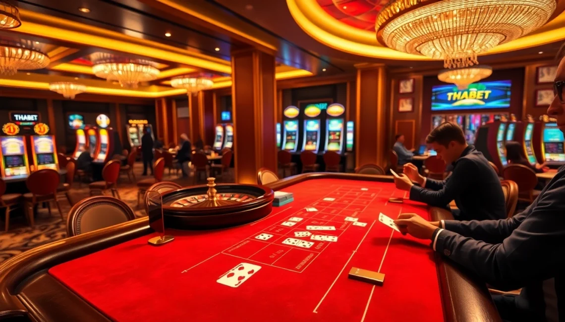 Experience high-stakes gaming with THABET's luxurious baccarat table and vibrant slot machines.