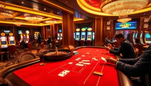 Experience high-stakes gaming with THABET's luxurious baccarat table and vibrant slot machines.