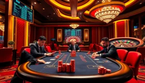 Engaging poker game scene at https://lc88.jpn.com/ showcasing thrilling action with vibrant chips and tables.
