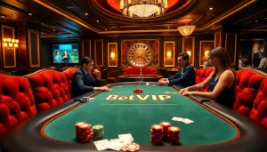 Bối cảnh bàn poker BetVIP với những chip sặc sỡ và người chơi tham gia, tại một casino sang trọng.