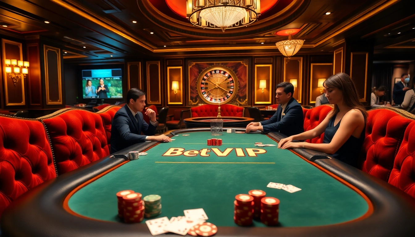 Bối cảnh bàn poker BetVIP với những chip sặc sỡ và người chơi tham gia, tại một casino sang trọng.