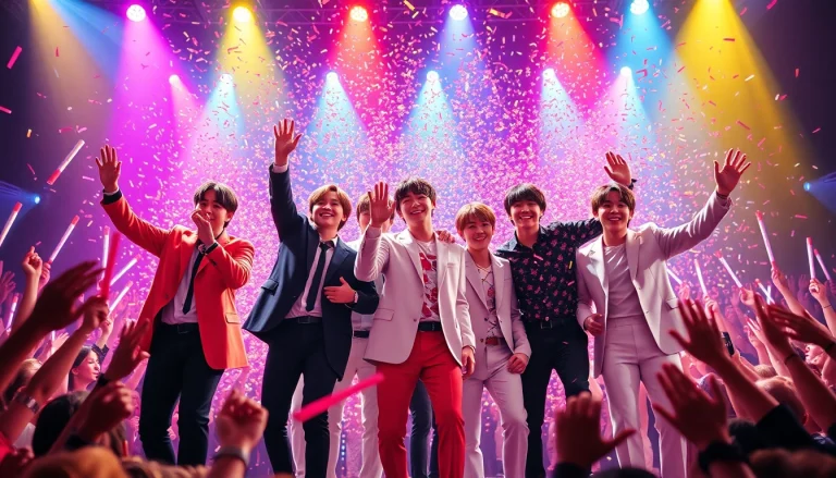 BTS news showcasing the energetic performance of the group amidst a lively concert atmosphere.