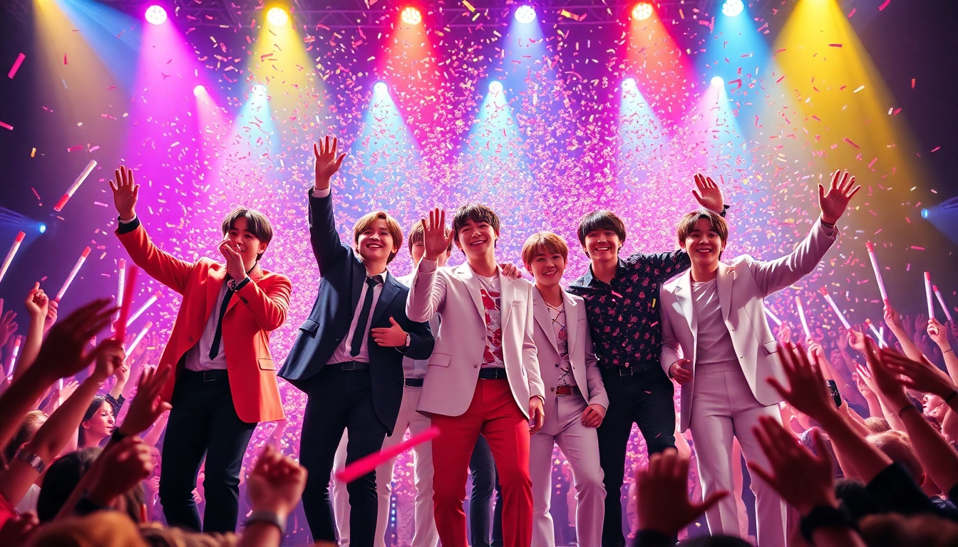 BTS news showcasing the energetic performance of the group amidst a lively concert atmosphere.