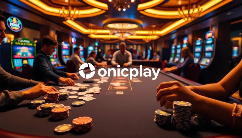 Experience thrilling gameplay at Onicplay's vibrant casino table with poker chips and cards.