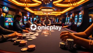 Experience thrilling gameplay at Onicplay's vibrant casino table with poker chips and cards.