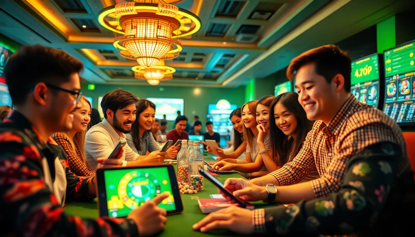 Cảnh trải nghiệm game đầy hứng khởi giới thiệu Saowin 92 Win, cùng với nhiều người chơi khác nhau đang tận hưởng các trò chơi casino trực tuyến trên các thiết bị số.