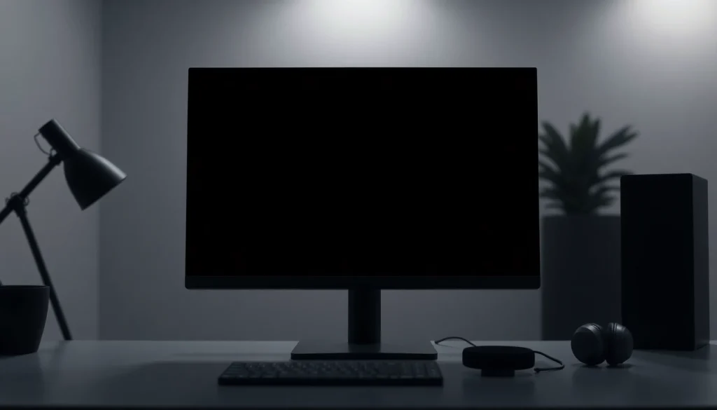 The pantalla negra displayed on a modern monitor enhances focus in a minimalist workspace.
