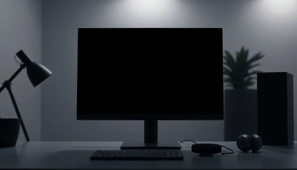 The pantalla negra displayed on a modern monitor enhances focus in a minimalist workspace.