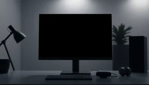 The pantalla negra displayed on a modern monitor enhances focus in a minimalist workspace.