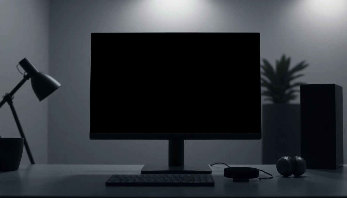 The pantalla negra displayed on a modern monitor enhances focus in a minimalist workspace.
