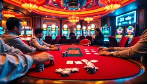 Engaged players triumphing in a poker game at 33win's vibrant casino table, highlighting immersive luxury.