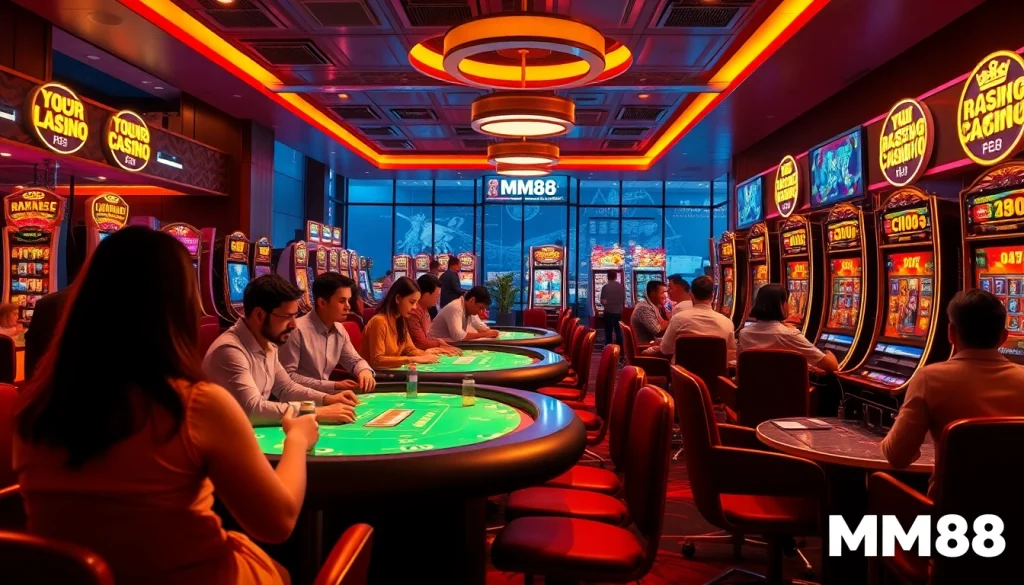 Players engaging in thrilling online games at MM88 casino, showcasing excitement and luxury.
