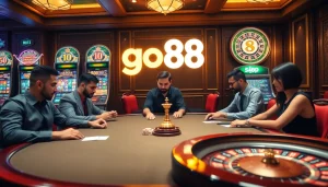 Experience the thrill of go88 with players engaging in poker at a luxurious casino setting.