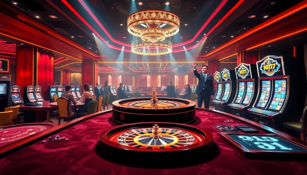 Players enjoying the excitement of online gaming at https://ok88.tech/ with vibrant casino tables and colorful slot machines.