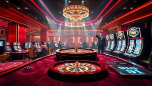 Players enjoying the excitement of online gaming at https://ok88.tech/ with vibrant casino tables and colorful slot machines.