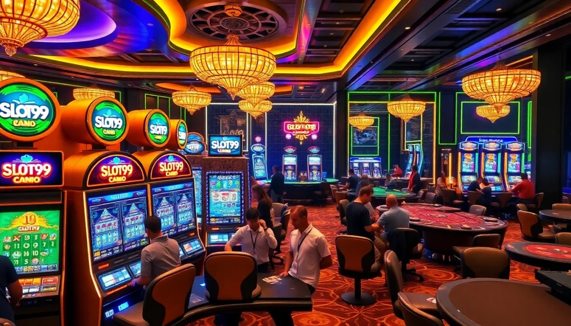 SLOT99 thrilling slot machines attracting enthusiastic players in a luxurious casino environment.