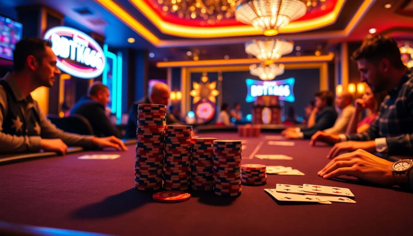 Intense poker game featuring BDTK666 logo, vibrant chips and cards under warm casino lighting.