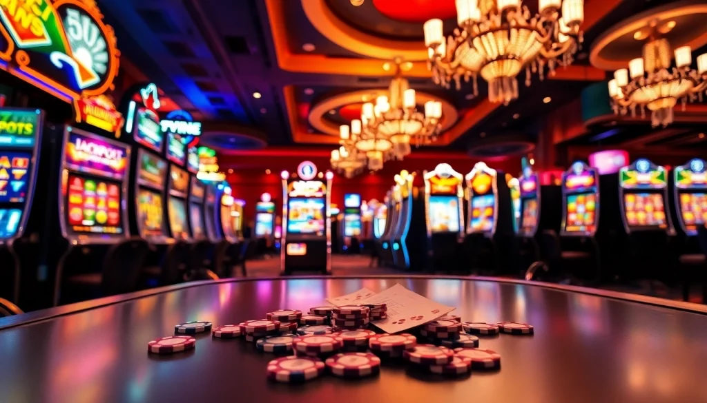 Experience the thrill of slot deposit 1k games in a vibrant casino setting with illuminated slot machines.