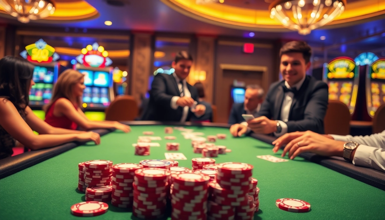 SODO Casino table scene with players engaged in thrilling gameplay and vibrant slot machines in the background.