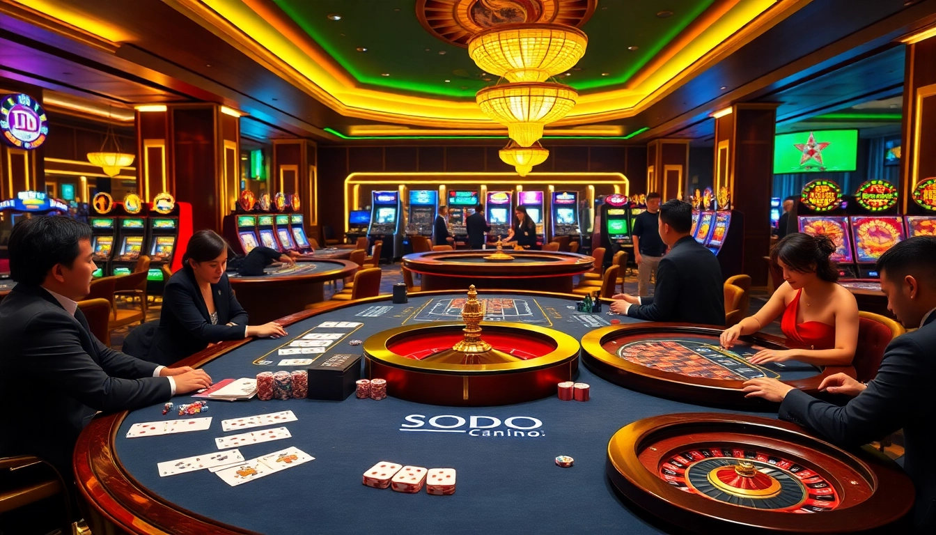 SODO Casino gaming table with players enjoying blackjack and roulette games.